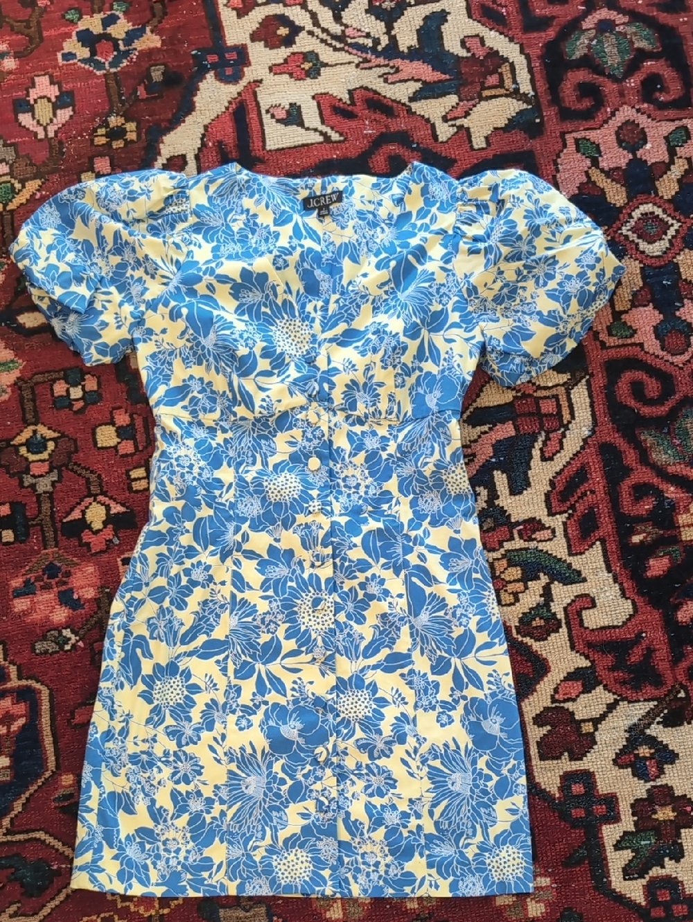 J.Crew Button-front puff-sleeve mini dress in blue floral twill